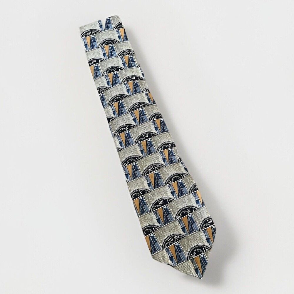 VTG 90s Y2K Structure Silk Mens Necktie Novelty Tie Wrist Watch Time Chronograph